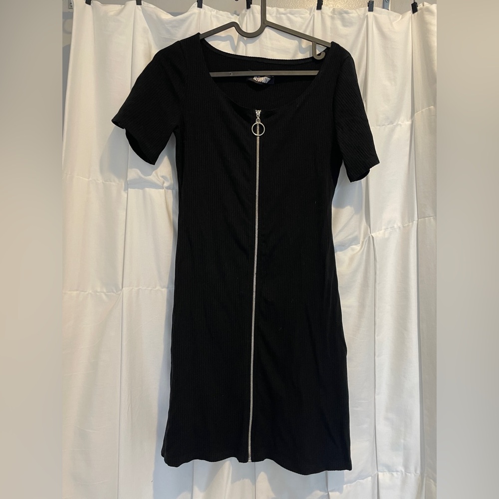 Reformation Black Zip-Front Ribbed Mini Dress